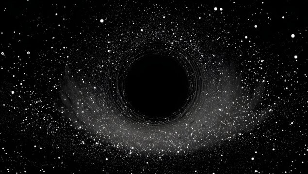 Abstract swirling vortex of bright white light particles against a deep black cosmic background creating a sense of cosmic energy and vastness