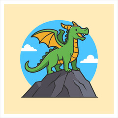 Cartoon Dragon Perched atop a Rocky Mountain with Wings Spread.