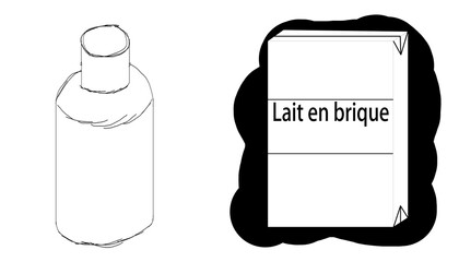 Deux de flacons et d'une brique de lait, en noir et blanc.