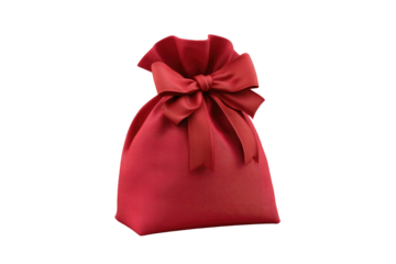 Elegant red gift bag with a satin ribbon bow isolated on transparent background