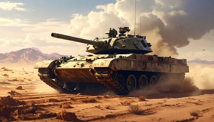 A heavy armored vehicle traversing a sandy desert terrain, dust billowing