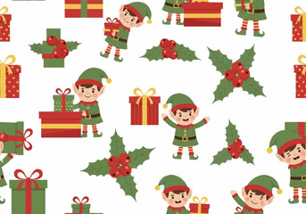 Christmas Elves and Gifts Seamless Pattern Festive Holiday Design 1.