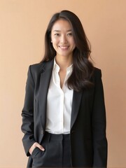 Photorealistic portrait of an office woman in a white shirt and blazer, standing against a plain solid background with soft studio lighting, confident and friendly professional look

