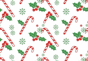 Christmas Candy Canes and Holly Berries Pattern.