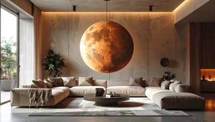 A modern living room with a large spherical light fixture