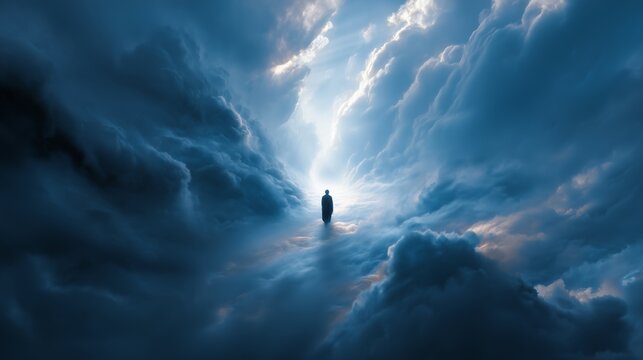 Soul ascends through celestial clouds toward divine light in a transformative journey to spiritual awakening and enlightenment