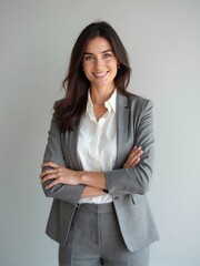 Photorealistic portrait of an office woman in a white shirt and blazer, standing against a plain solid background with soft studio lighting, confident and friendly professional look
