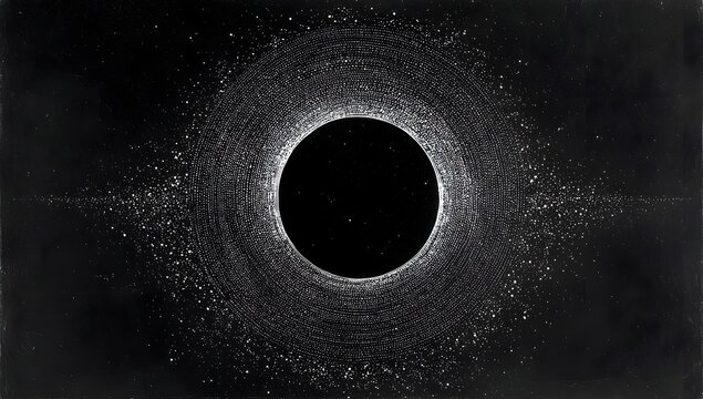 Abstract swirling cosmic dust cloud with a dark central void resembling a distant galaxy or nebula in deep space rendered in monochrome