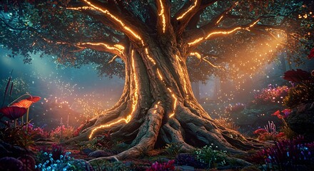 Glowing Tree in Enchanted Forest with Magical Light and Colorful Wildflowers