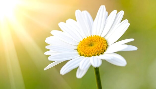 Close-up of a daisy with white petals and yellow center, sunlit on green