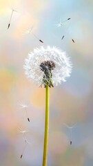 Close-up of a dandelion clock dispersing seeds against a blurred backdrop