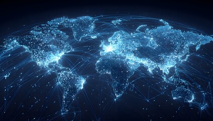 Illuminated globe at night showing brightly lit continents and cities reflecting global connectivity and technology across the planet