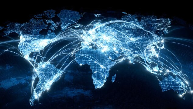 Illuminated global network of light and data connecting continents and oceans illustrating worldwide connectivity and digital communication