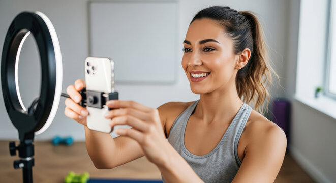 Smiling woman adjusting phone on a ring light stand, filming a fitness video at home. - Powered by Adobe