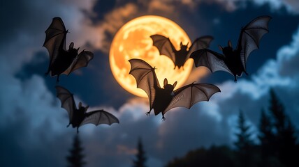 A spooky gathering of bats silhouetted against a large glowing full moon on a cloudy night sky