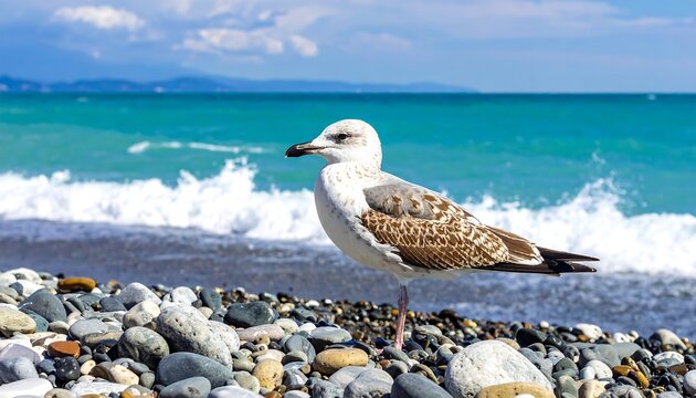 A seagull stands on a pebble beach, overlooking a turquoise sea - Powered by Adobe