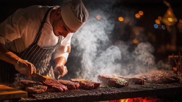Culinary Excellence: A focused chef meticulously prepares savory cuts of meat, crafting a culinary masterpiece amidst a smoky, warm ambiance.