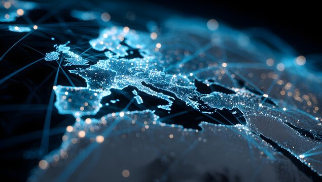 Illuminated globe at night showcasing a network of global connections and digital data flow across continents