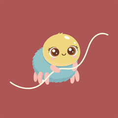A digital illustration of a cute cartoon spider with a yellow head and a fluffy blue body, holding a cream-colored strand against a muted red background.
