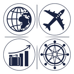 Set of 4 business travel icons globe airplane growth compass vector illustration