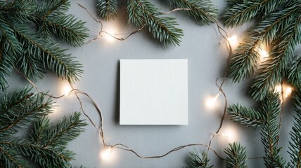 Christmas tree branches with paper card note and glowing fairy lights flat lay, festive holiday decoration, winter seasonal new year concept, creative natural arrangement on white background