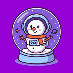 Cartoon Snowman Astronaut Inside a Snow Globe with Floating Planets and Stars.