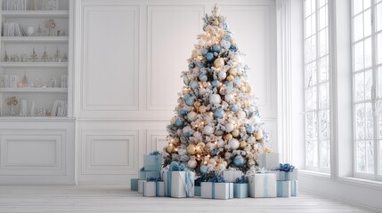 Festive decorated christmas tree with colorful gift boxes in bright white living room for holiday celebration and seasonal interior decoration