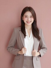 Photorealistic portrait of an office woman in a white shirt and blazer, standing against a plain solid background with soft studio lighting, confident and friendly professional look
