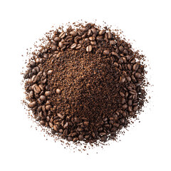 Coffee grounds and beans in a circular mound