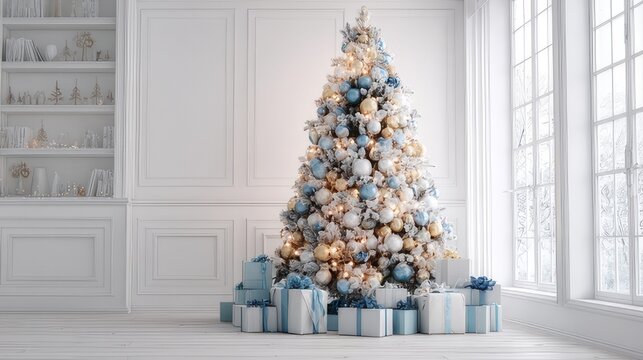 Festive decorated christmas tree with colorful gift boxes in bright white living room for holiday celebration and seasonal interior decoration