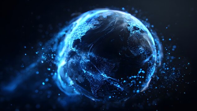 Abstract luminous blue energy sphere with glowing particles and light trails against a dark cosmic background representing technology and futuristic concepts