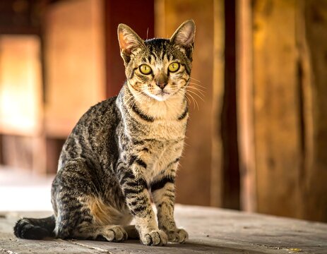 A tabby cat gazes directly forward, sitting on a wooden surface