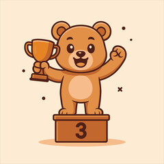 Cheerful Cartoon Bear Celebrates Victory with Trophy on Podium Number Three.