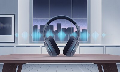 Headphones on Table with Cityscape Background and Sound Waves