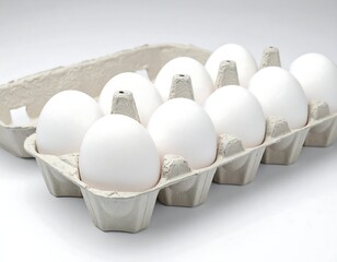 Close-up of a dozen white eggs within a cardboard carton