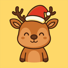 Cheerful Cartoon Reindeer Wearing Santa Hat with Smiling Expression.