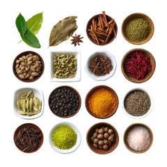 Assortment of colorful spices in small bowls
