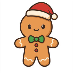Festive Gingerbread Man with Santa Hat and Green Bow Tie Illustration.