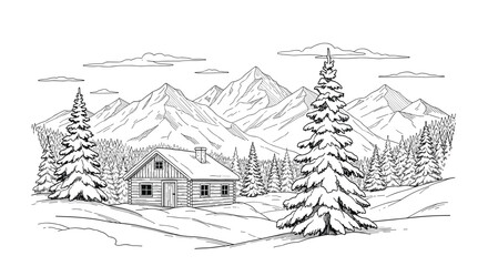 A rustic log cabin nestled among evergreen trees with a majestic mountain range in the background.