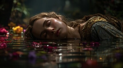 Fototapeta premium Ethereal Beauty of Young Woman in Water Surrounded by Flowers