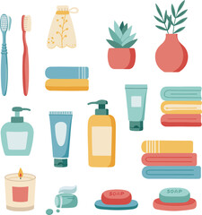 Set of bathroom essentials for personal hygiene and cleanliness including toothbrushes soap and lotions isolated on transparent background Vector