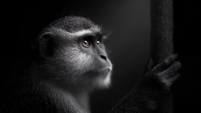 Black and white portrait of a monkey with a deep gaze