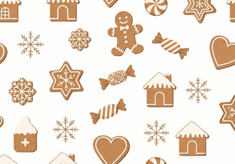 Christmas gingerbread cookies and snowflakes seamless pattern.