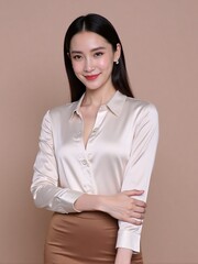 High-quality studio photo of a modern businesswoman in office outfit, smiling confidently with relaxed posture against a clean solid background, professional and elegant look
