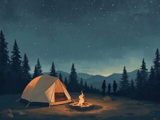 夜空に輝く星とキャンプの風景イラスト