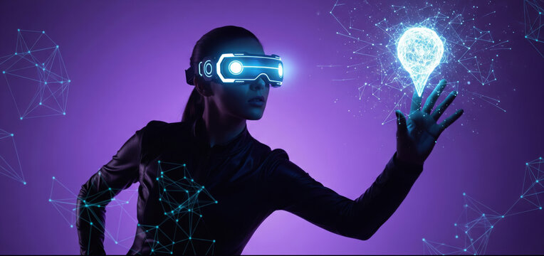Woman in VR headset interacting with a glowing futuristic light bulb idea hologram