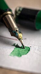 Close-up of a fountain pen writing green ink on lined paper