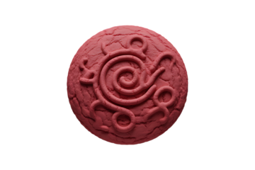 Ancient red stone orb with swirling spiral symbol isolated on transparent background