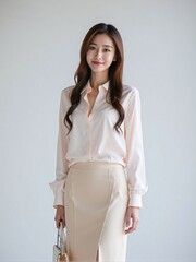 High-quality studio photo of a modern businesswoman in office outfit, smiling confidently with relaxed posture against a clean solid background, professional and elegant look
