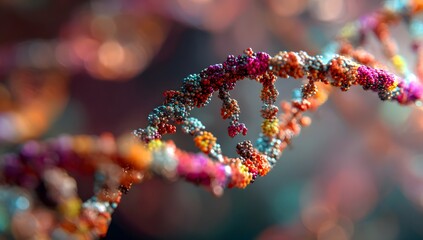Abstract representation of a colorful double helix dna molecule structure with blurred background symbolizing genetics and biological research